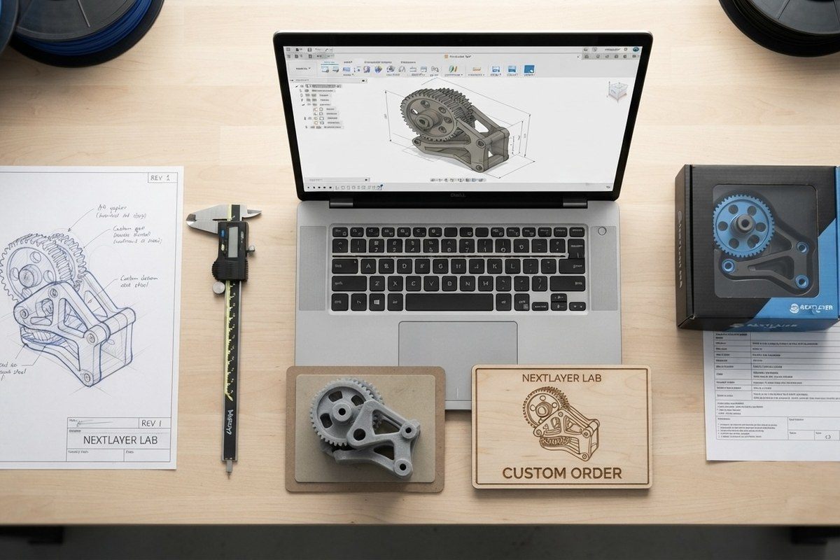 NextLayer Lab workshop with custom 3D printing and laser engraving samples